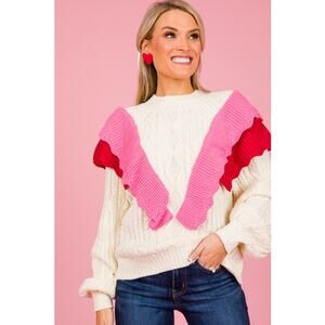Strut & Bolt Women’s Cableknit Ruffle Sweater Sz L Pink Feminine